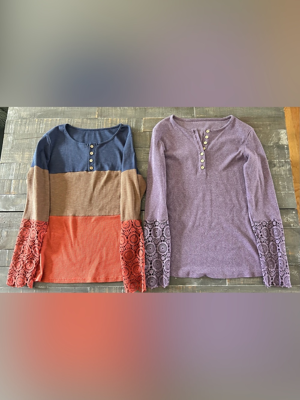 Lace-Sleeve Thermal Tops in Purple and Colorblock Coral/Navy